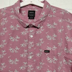 RVCA Shirt Mens XL Pink Purple Palm Tree Print Button Up Short Sleeve Hawaiian